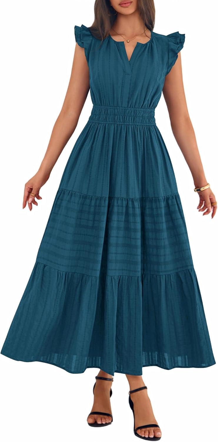 imageBTFBM Womens Summer Maxi Dress 2026 Spring Boho Vacation Ruffle Flutter Short Sleeve A Line Tiered Flowy Dresses PocketsLake Blue