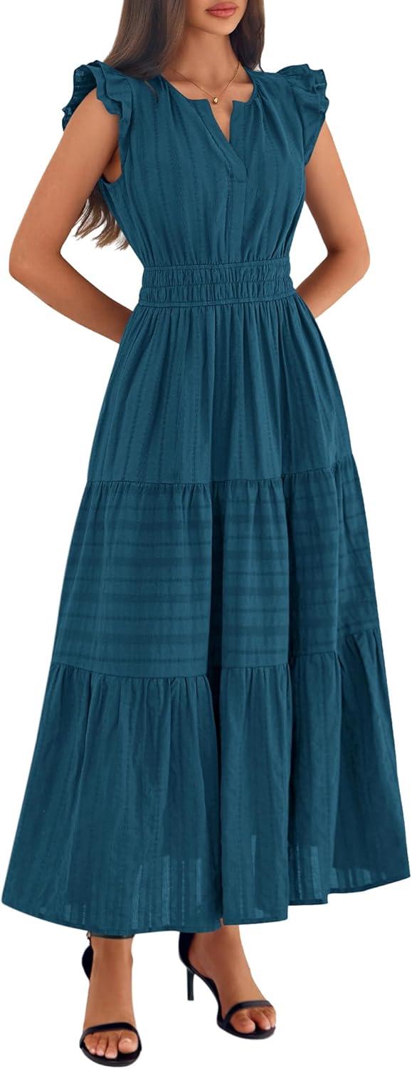 imageBTFBM Womens Summer Maxi Dress 2026 Spring Boho Vacation Ruffle Flutter Short Sleeve A Line Tiered Flowy Dresses PocketsLake Blue