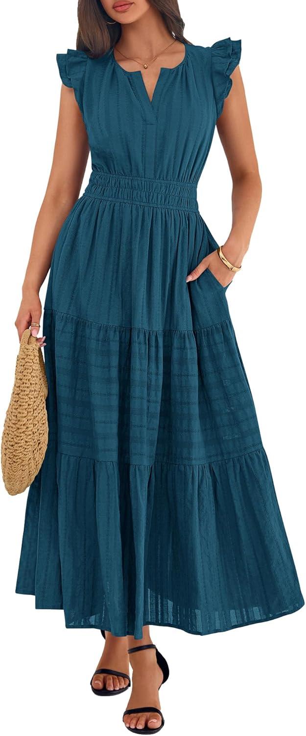 imageBTFBM Womens Summer Maxi Dress 2026 Spring Boho Vacation Ruffle Flutter Short Sleeve A Line Tiered Flowy Dresses PocketsLake Blue