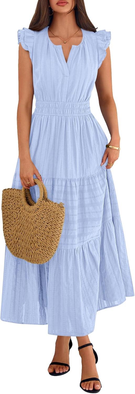 imageBTFBM Womens Summer Maxi Dress 2026 Spring Boho Vacation Ruffle Flutter Short Sleeve A Line Tiered Flowy Dresses PocketsLight Blue