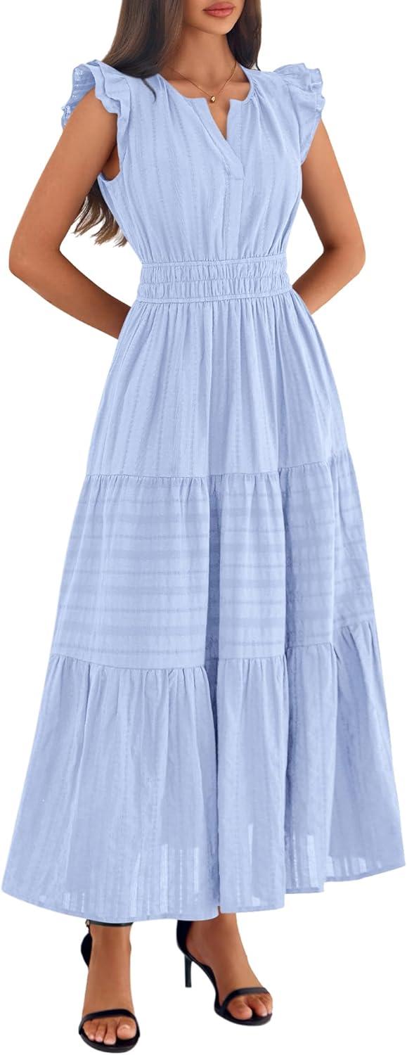 imageBTFBM Womens Summer Maxi Dress 2026 Spring Boho Vacation Ruffle Flutter Short Sleeve A Line Tiered Flowy Dresses PocketsLight Blue