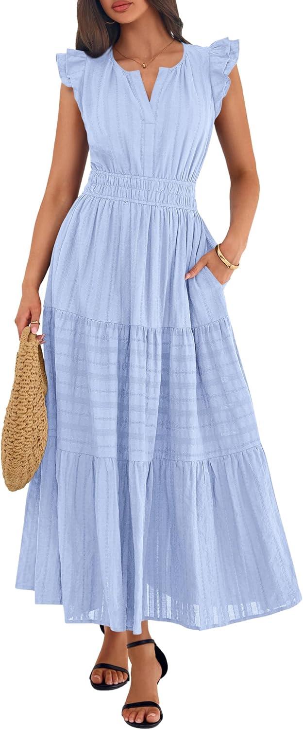 imageBTFBM Womens Summer Maxi Dress 2026 Spring Boho Vacation Ruffle Flutter Short Sleeve A Line Tiered Flowy Dresses PocketsLight Blue