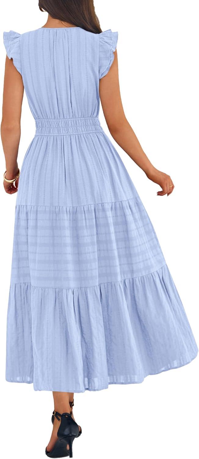imageBTFBM Womens Summer Maxi Dress 2026 Spring Boho Vacation Ruffle Flutter Short Sleeve A Line Tiered Flowy Dresses PocketsLight Blue