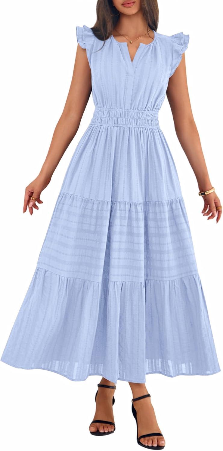 imageBTFBM Womens Summer Maxi Dress 2026 Spring Boho Vacation Ruffle Flutter Short Sleeve A Line Tiered Flowy Dresses PocketsLight Blue