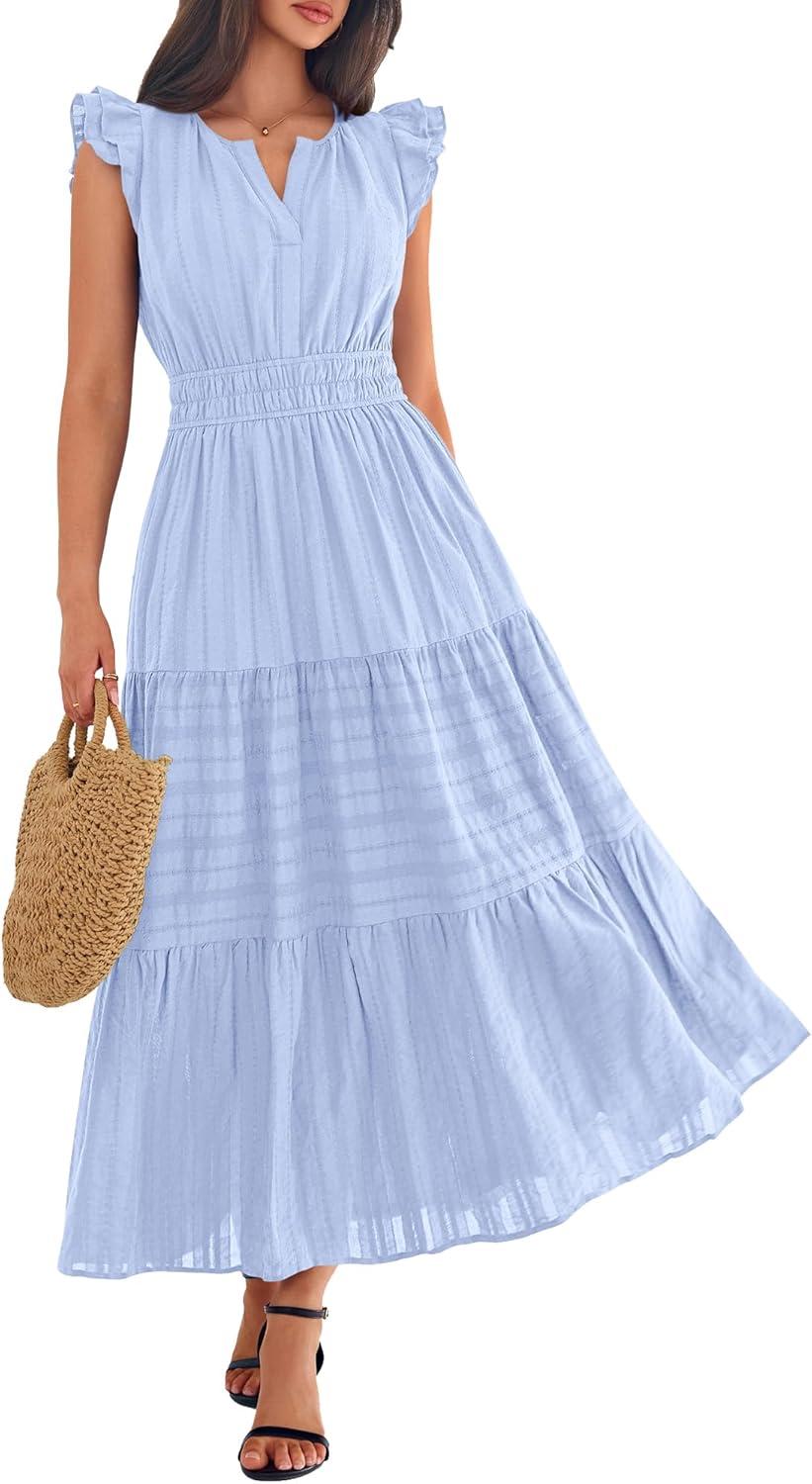 imageBTFBM Womens Summer Maxi Dress 2026 Spring Boho Vacation Ruffle Flutter Short Sleeve A Line Tiered Flowy Dresses PocketsLight Blue