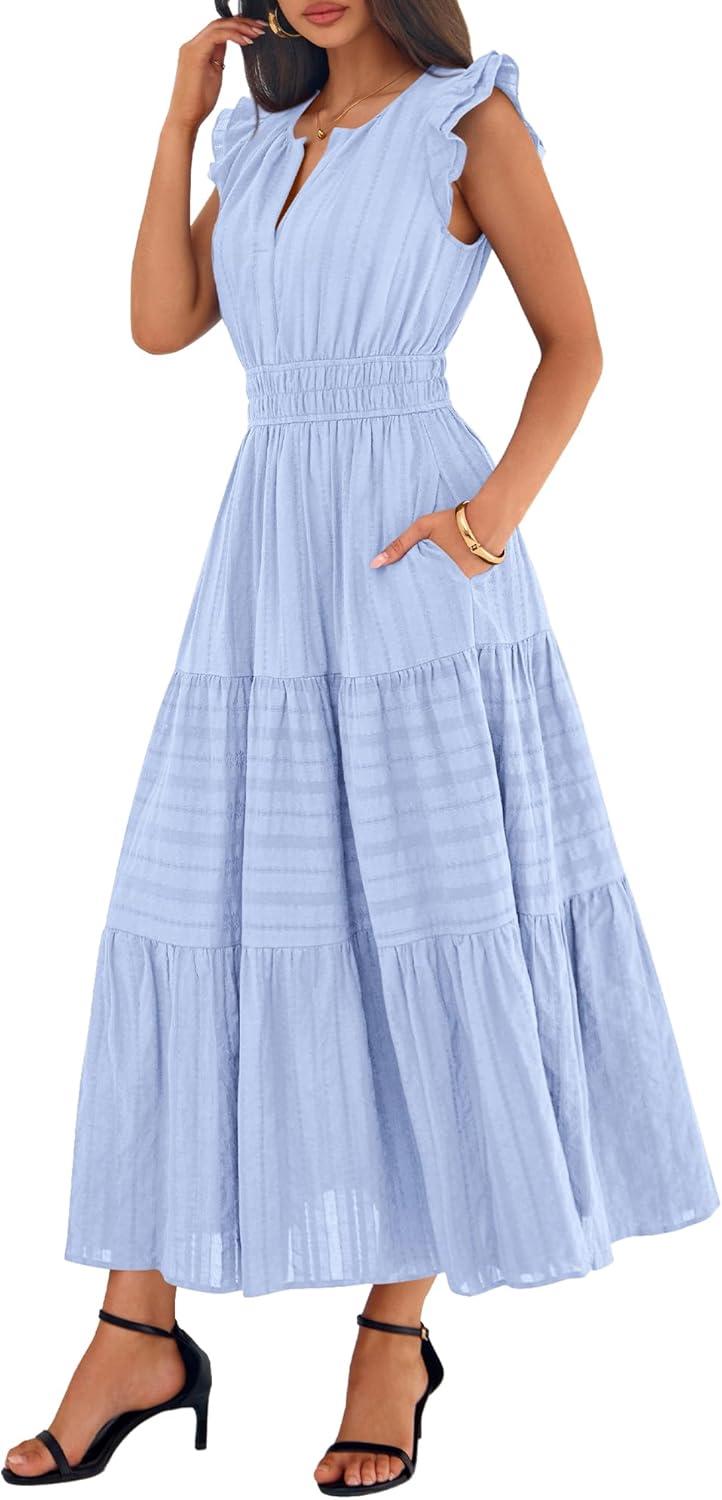 imageBTFBM Womens Summer Maxi Dress 2026 Spring Boho Vacation Ruffle Flutter Short Sleeve A Line Tiered Flowy Dresses PocketsLight Blue