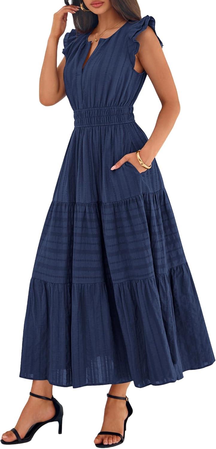 imageBTFBM Womens Summer Maxi Dress 2026 Spring Boho Vacation Ruffle Flutter Short Sleeve A Line Tiered Flowy Dresses PocketsNavy Blue