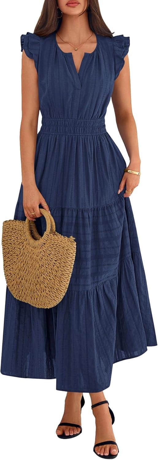 imageBTFBM Womens Summer Maxi Dress 2026 Spring Boho Vacation Ruffle Flutter Short Sleeve A Line Tiered Flowy Dresses PocketsNavy Blue