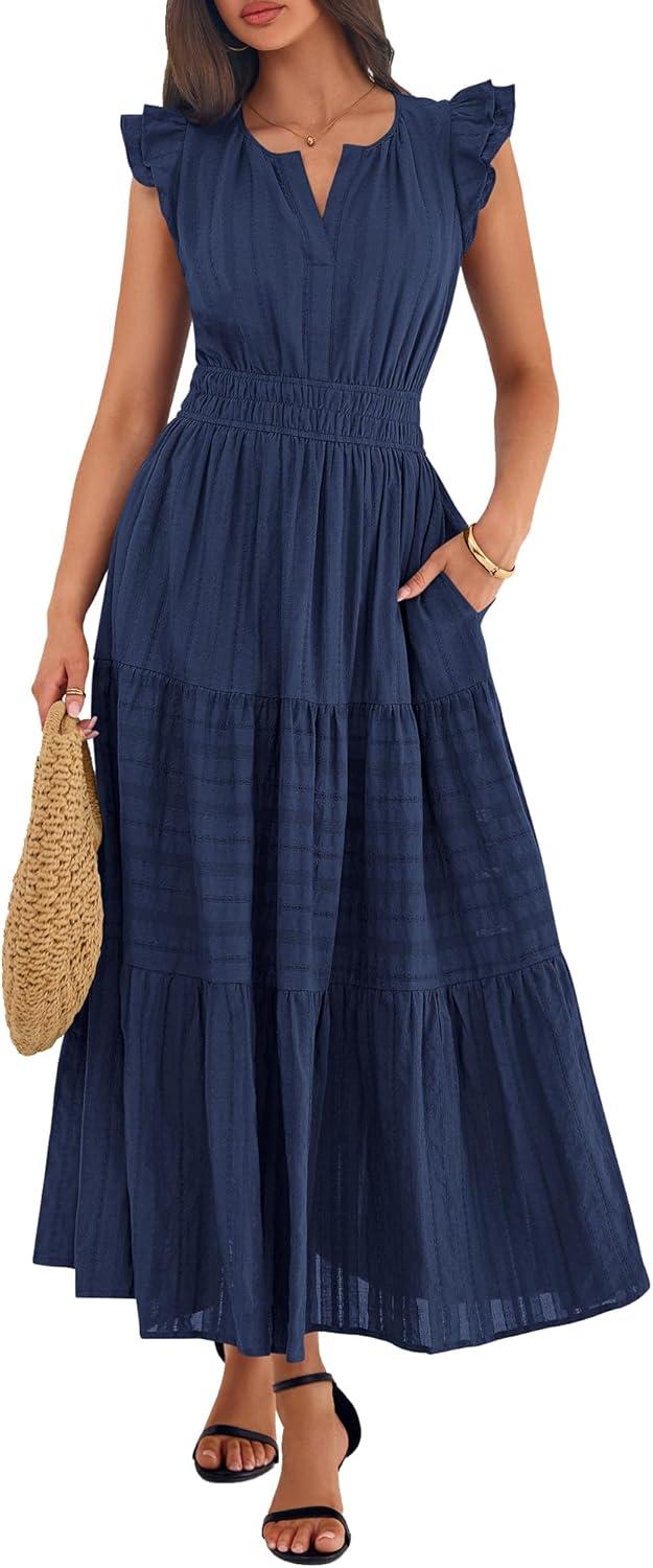 imageBTFBM Womens Summer Maxi Dress 2026 Spring Boho Vacation Ruffle Flutter Short Sleeve A Line Tiered Flowy Dresses PocketsNavy Blue