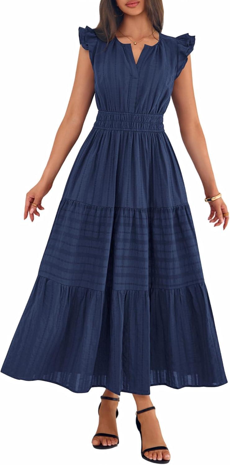 imageBTFBM Womens Summer Maxi Dress 2026 Spring Boho Vacation Ruffle Flutter Short Sleeve A Line Tiered Flowy Dresses PocketsNavy Blue