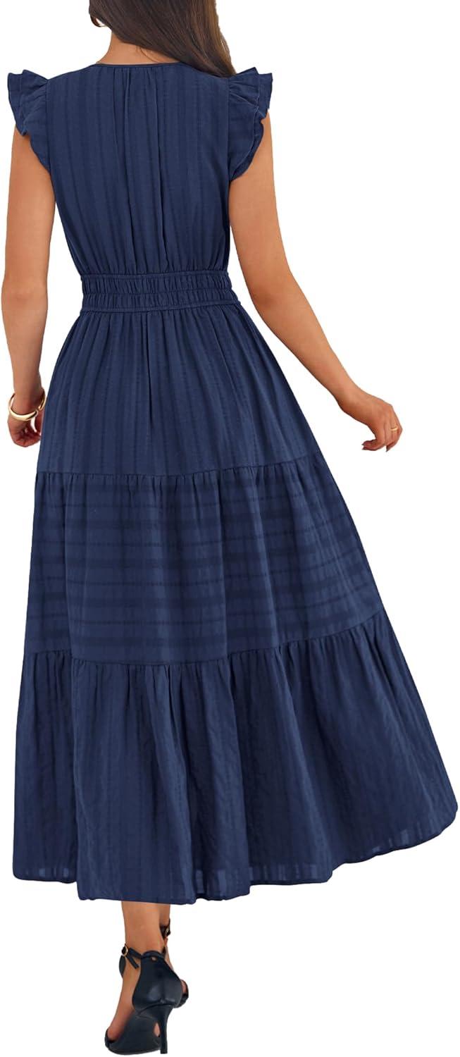 imageBTFBM Womens Summer Maxi Dress 2026 Spring Boho Vacation Ruffle Flutter Short Sleeve A Line Tiered Flowy Dresses PocketsNavy Blue