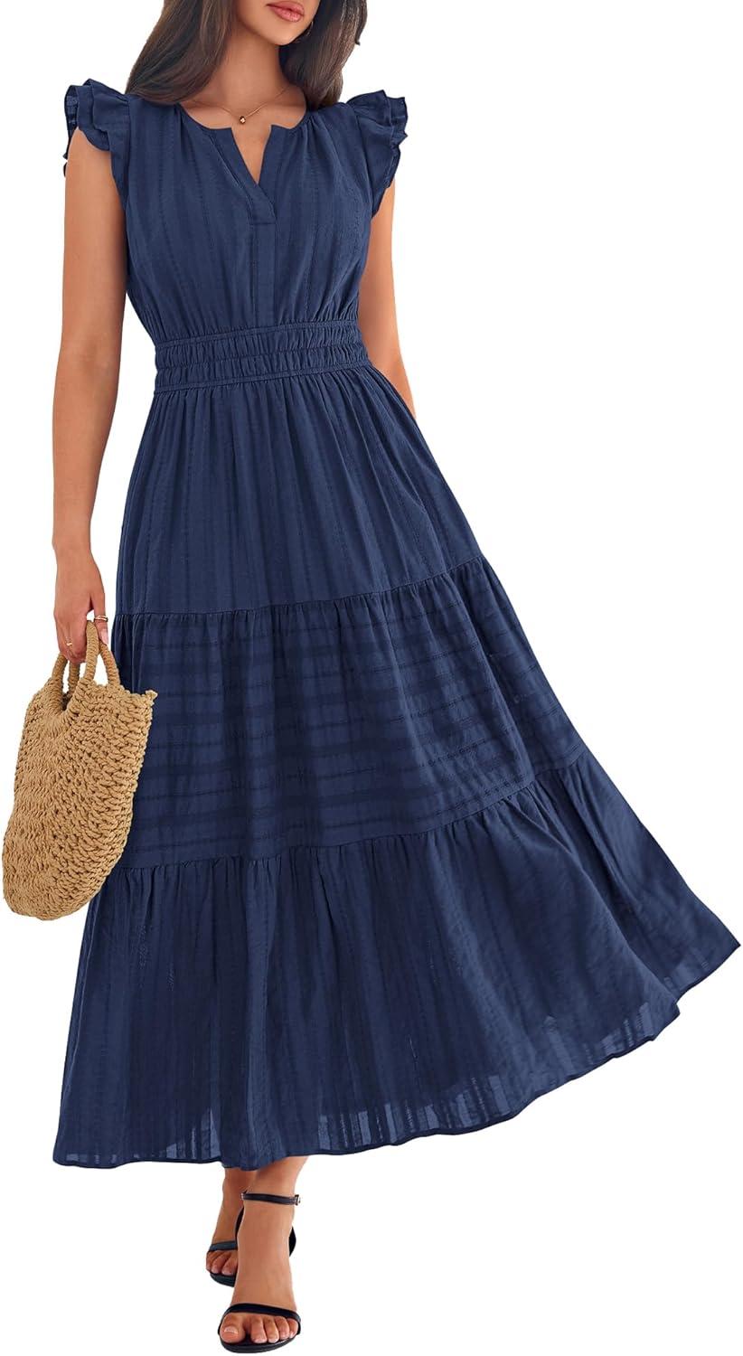imageBTFBM Womens Summer Maxi Dress 2026 Spring Boho Vacation Ruffle Flutter Short Sleeve A Line Tiered Flowy Dresses PocketsNavy Blue