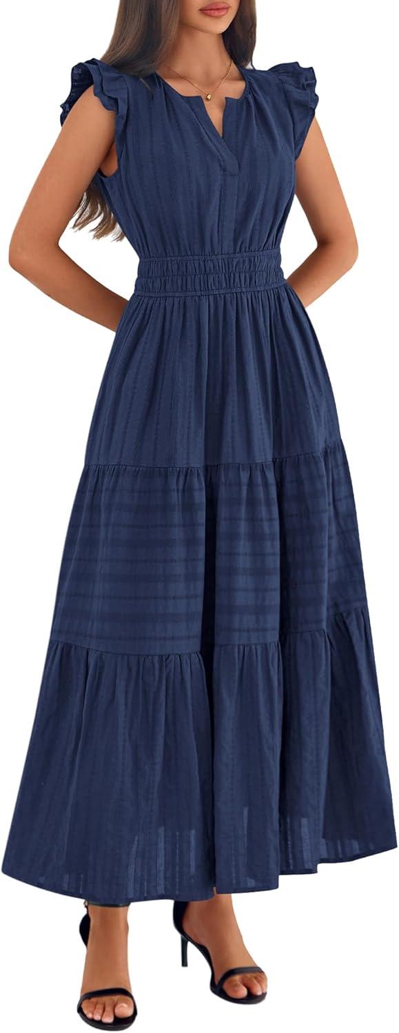 imageBTFBM Womens Summer Maxi Dress 2026 Spring Boho Vacation Ruffle Flutter Short Sleeve A Line Tiered Flowy Dresses PocketsNavy Blue
