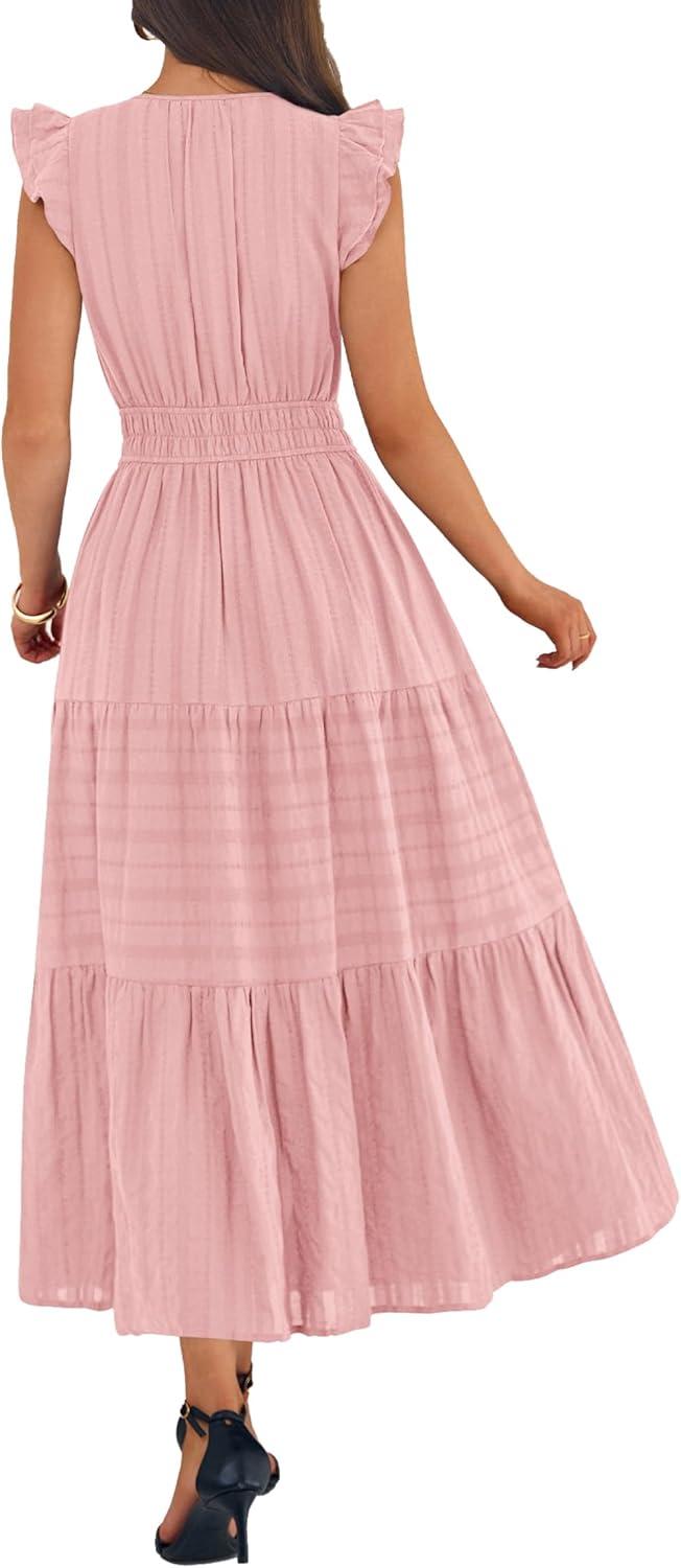 imageBTFBM Womens Summer Maxi Dress 2026 Spring Boho Vacation Ruffle Flutter Short Sleeve A Line Tiered Flowy Dresses PocketsPink