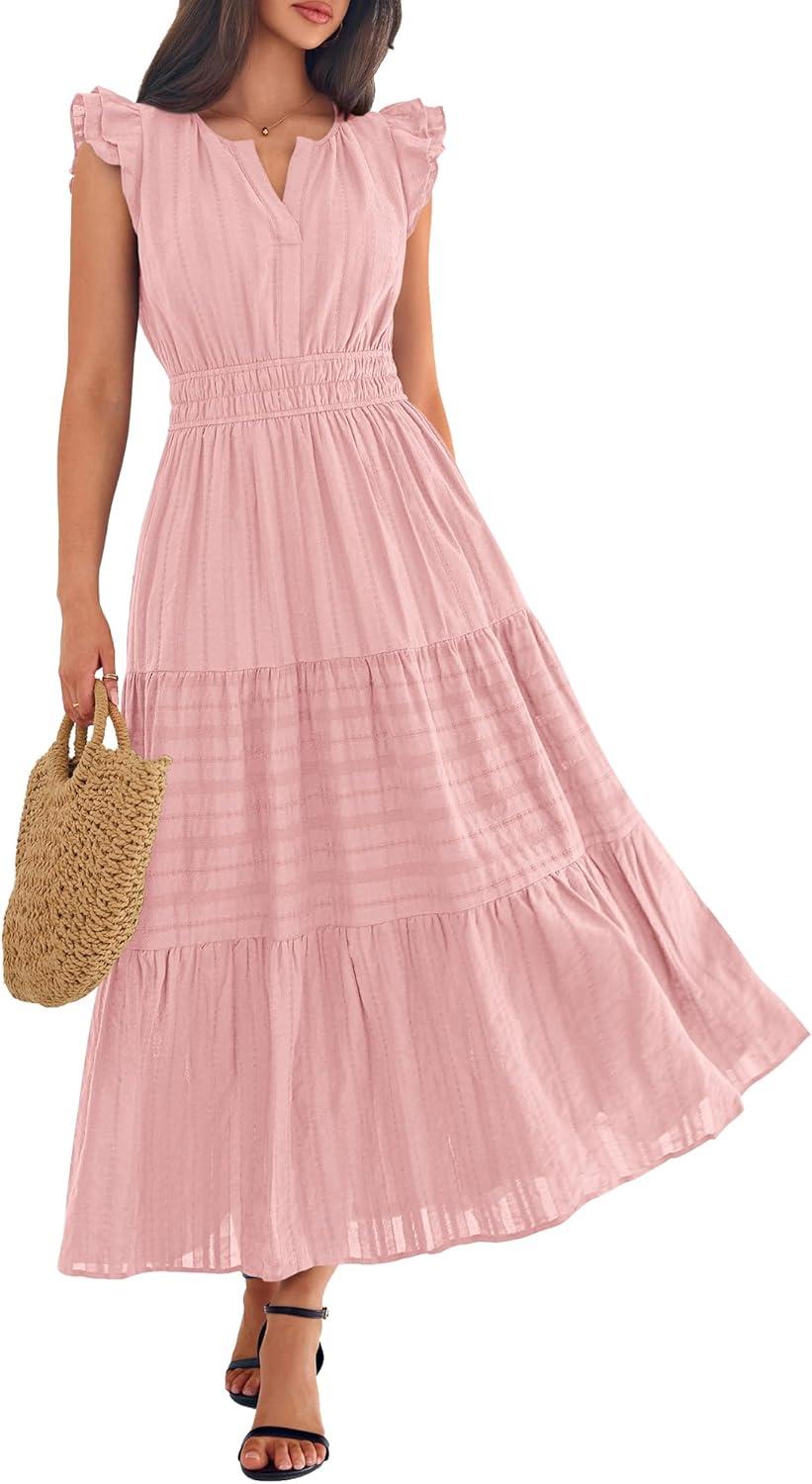 imageBTFBM Womens Summer Maxi Dress 2026 Spring Boho Vacation Ruffle Flutter Short Sleeve A Line Tiered Flowy Dresses PocketsPink
