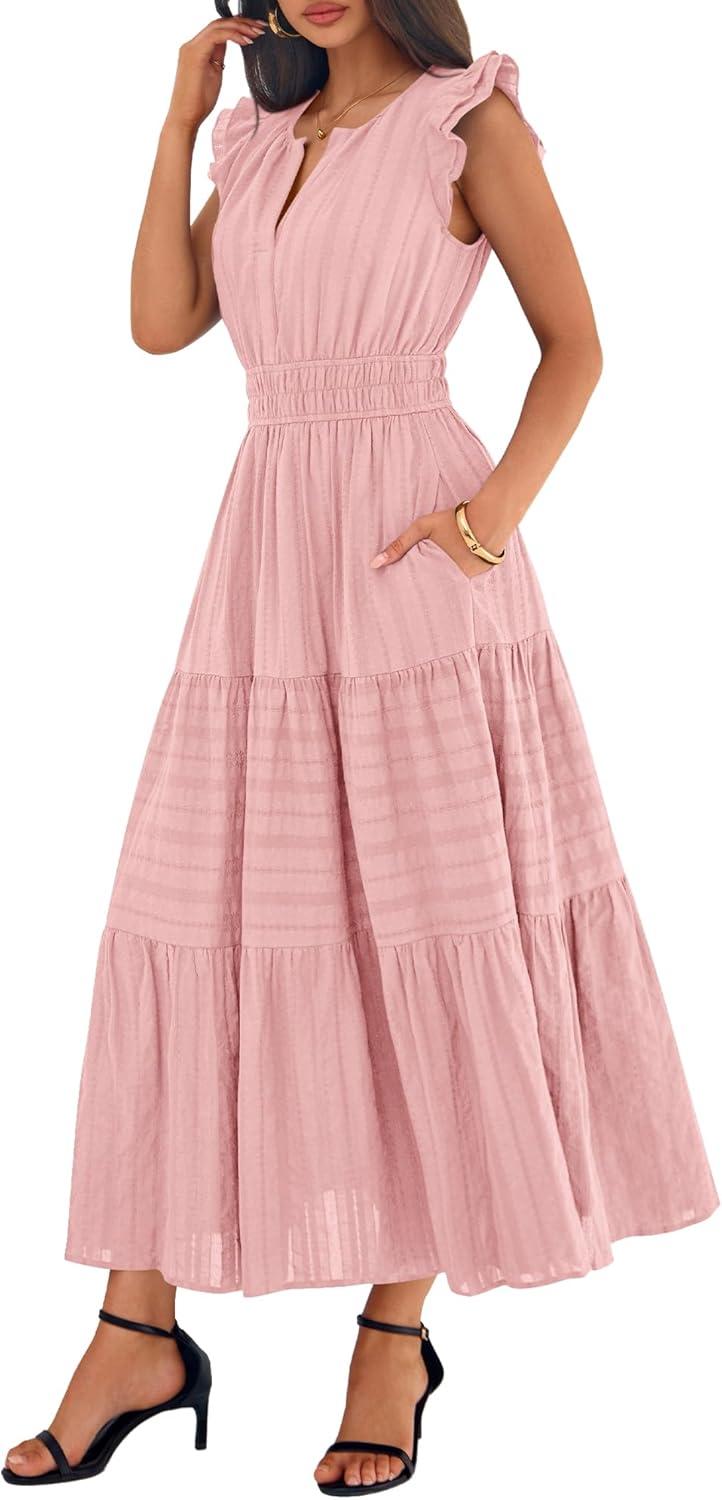 imageBTFBM Womens Summer Maxi Dress 2026 Spring Boho Vacation Ruffle Flutter Short Sleeve A Line Tiered Flowy Dresses PocketsPink