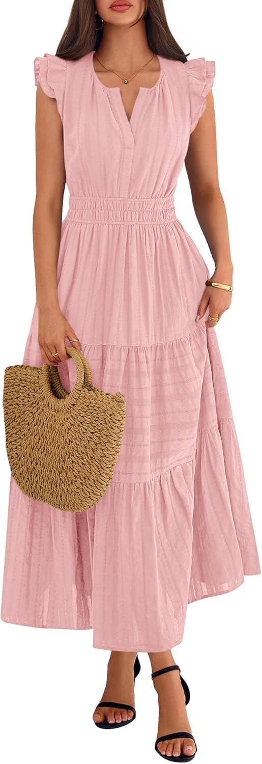 imageBTFBM Womens Summer Maxi Dress 2026 Spring Boho Vacation Ruffle Flutter Short Sleeve A Line Tiered Flowy Dresses PocketsPink