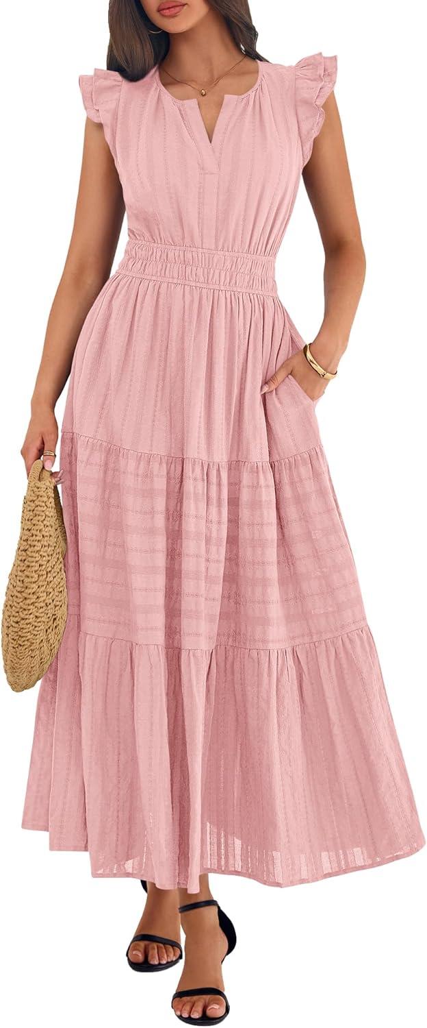 imageBTFBM Womens Summer Maxi Dress 2026 Spring Boho Vacation Ruffle Flutter Short Sleeve A Line Tiered Flowy Dresses PocketsPink