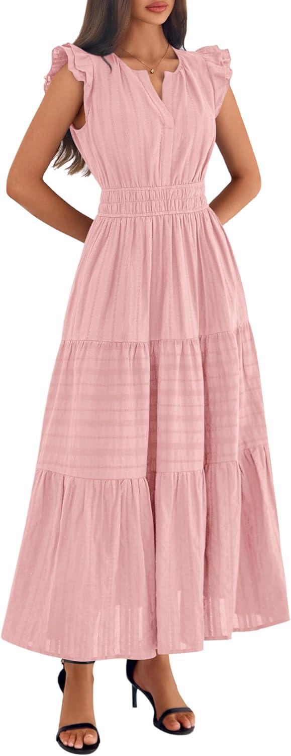 imageBTFBM Womens Summer Maxi Dress 2026 Spring Boho Vacation Ruffle Flutter Short Sleeve A Line Tiered Flowy Dresses PocketsPink
