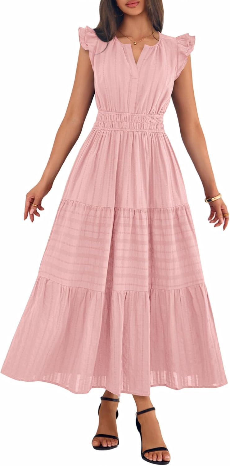 imageBTFBM Womens Summer Maxi Dress 2026 Spring Boho Vacation Ruffle Flutter Short Sleeve A Line Tiered Flowy Dresses PocketsPink