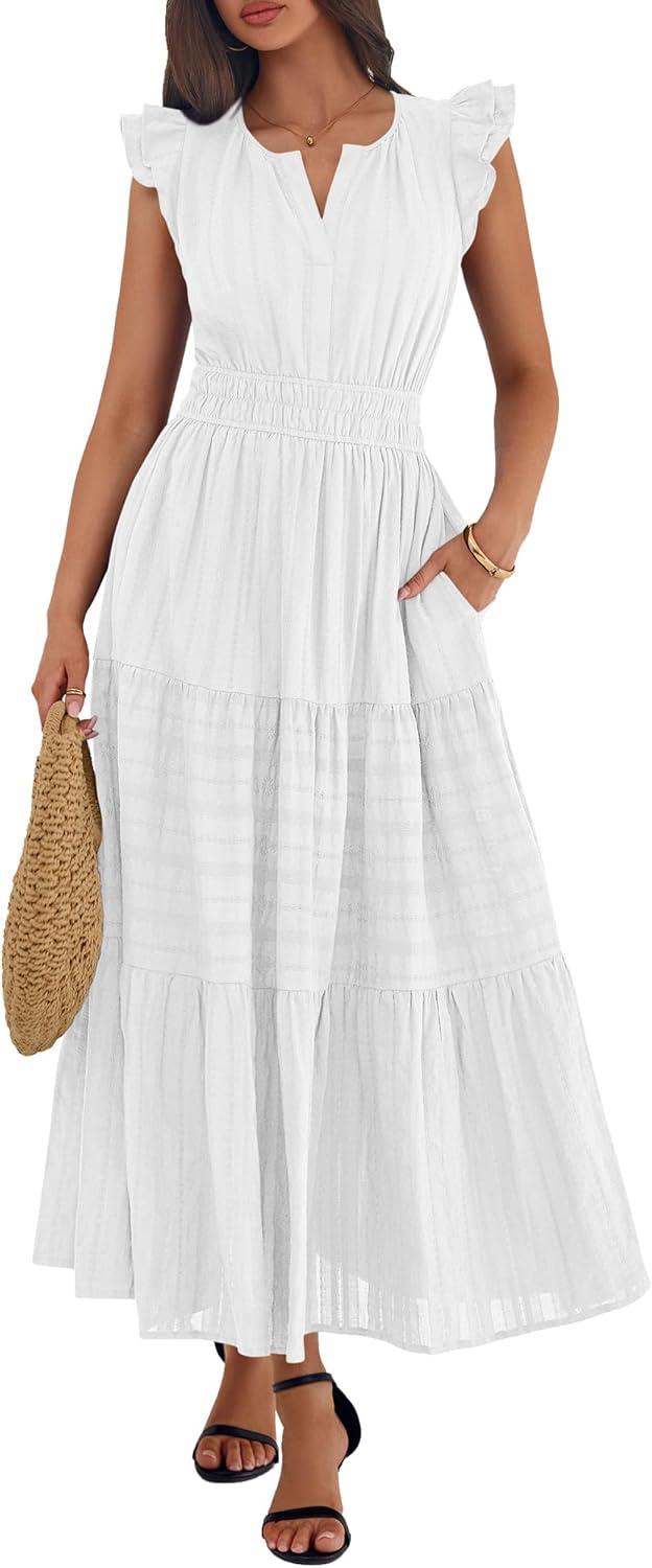 imageBTFBM Womens Summer Maxi Dress 2026 Spring Boho Vacation Ruffle Flutter Short Sleeve A Line Tiered Flowy Dresses PocketsWhite
