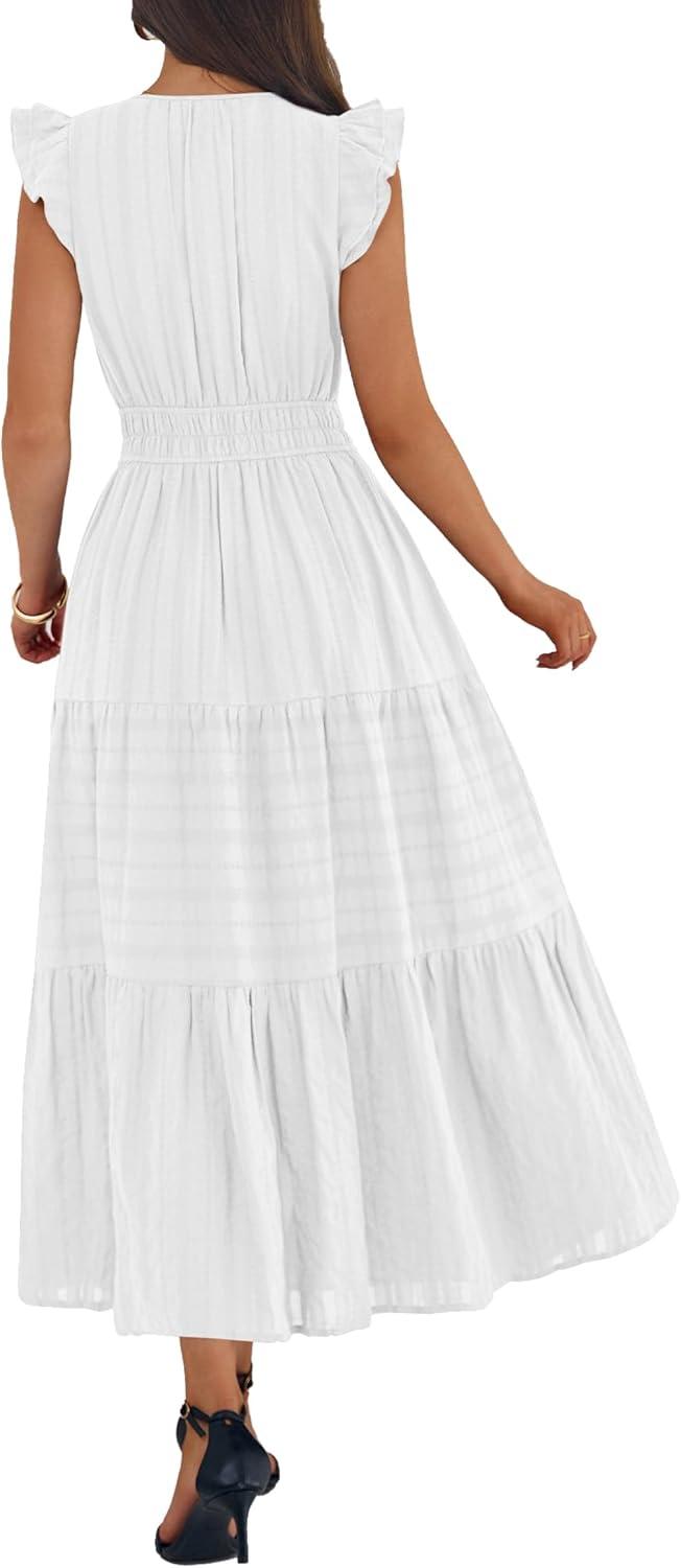 imageBTFBM Womens Summer Maxi Dress 2026 Spring Boho Vacation Ruffle Flutter Short Sleeve A Line Tiered Flowy Dresses PocketsWhite