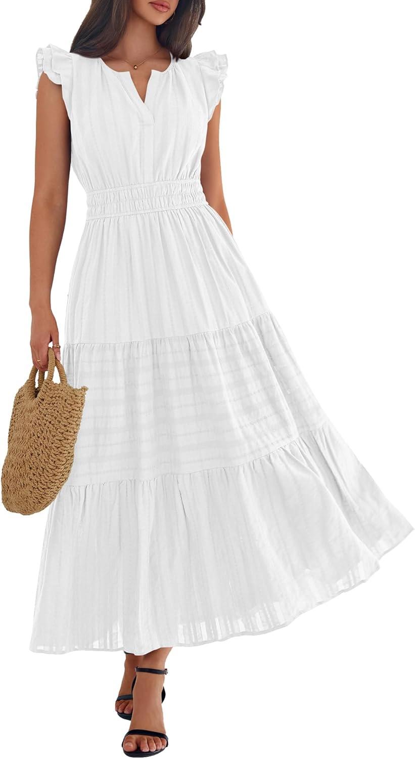 imageBTFBM Womens Summer Maxi Dress 2026 Spring Boho Vacation Ruffle Flutter Short Sleeve A Line Tiered Flowy Dresses PocketsWhite