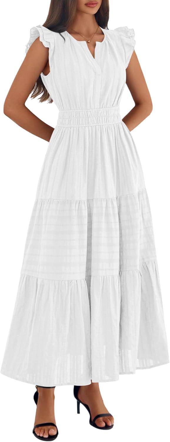 imageBTFBM Womens Summer Maxi Dress 2026 Spring Boho Vacation Ruffle Flutter Short Sleeve A Line Tiered Flowy Dresses PocketsWhite
