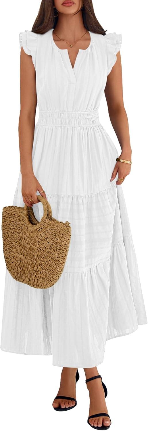 imageBTFBM Womens Summer Maxi Dress 2026 Spring Boho Vacation Ruffle Flutter Short Sleeve A Line Tiered Flowy Dresses PocketsWhite