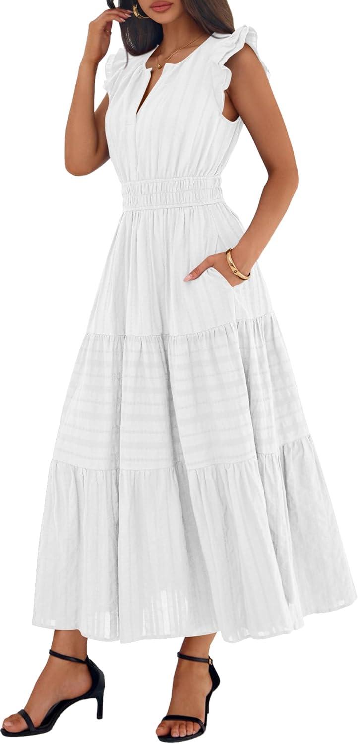 imageBTFBM Womens Summer Maxi Dress 2026 Spring Boho Vacation Ruffle Flutter Short Sleeve A Line Tiered Flowy Dresses PocketsWhite