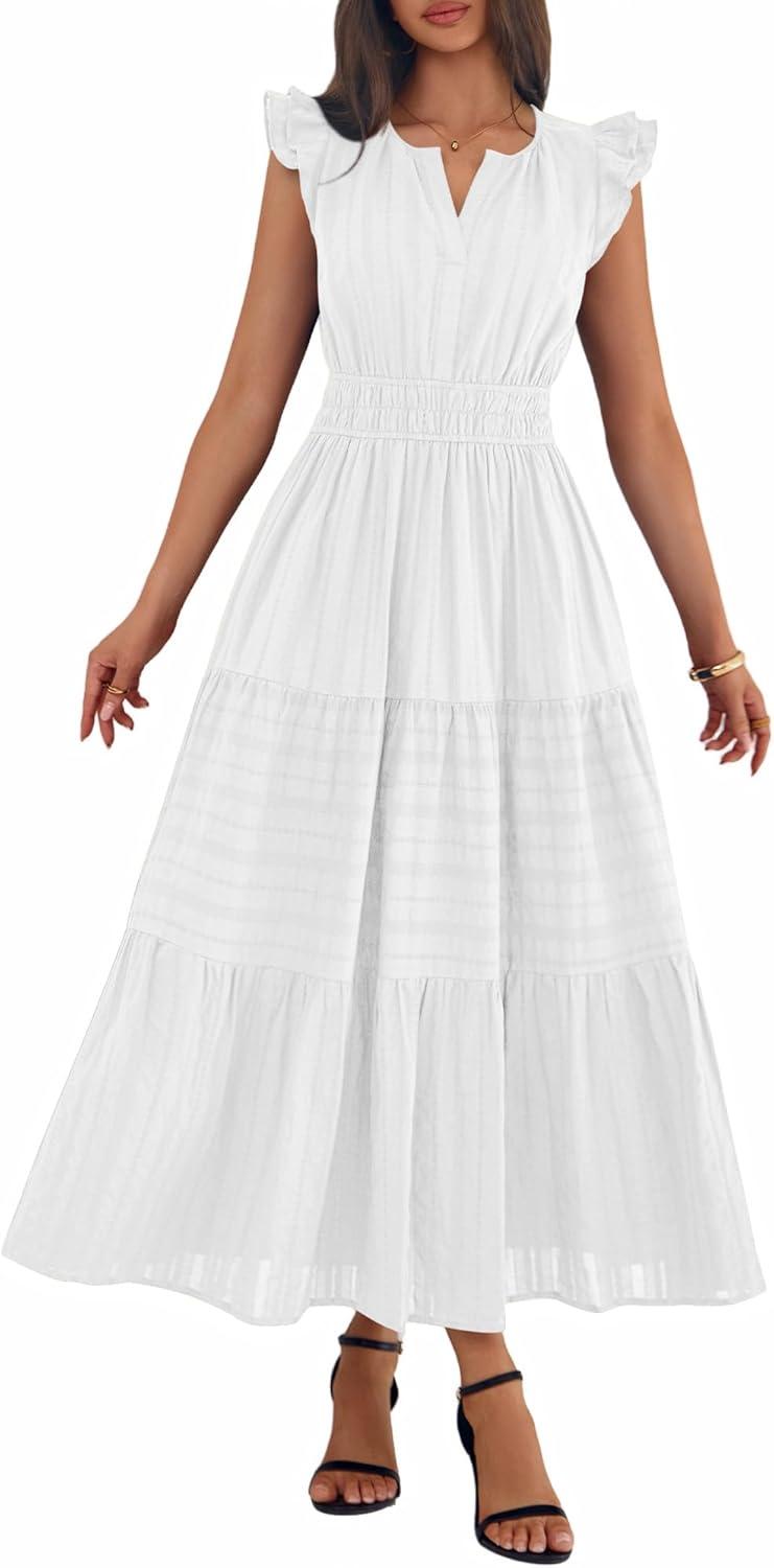 imageBTFBM Womens Summer Maxi Dress 2026 Spring Boho Vacation Ruffle Flutter Short Sleeve A Line Tiered Flowy Dresses PocketsWhite
