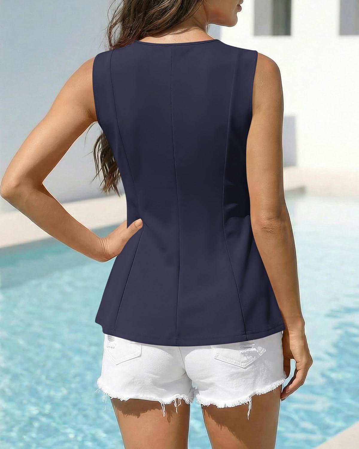 imageBTFBM Womens Summer Tops 2026 Business Casual Outfits Crew Neck Sleeveless Shirts Slim Fit Peplum Tank TopNavy