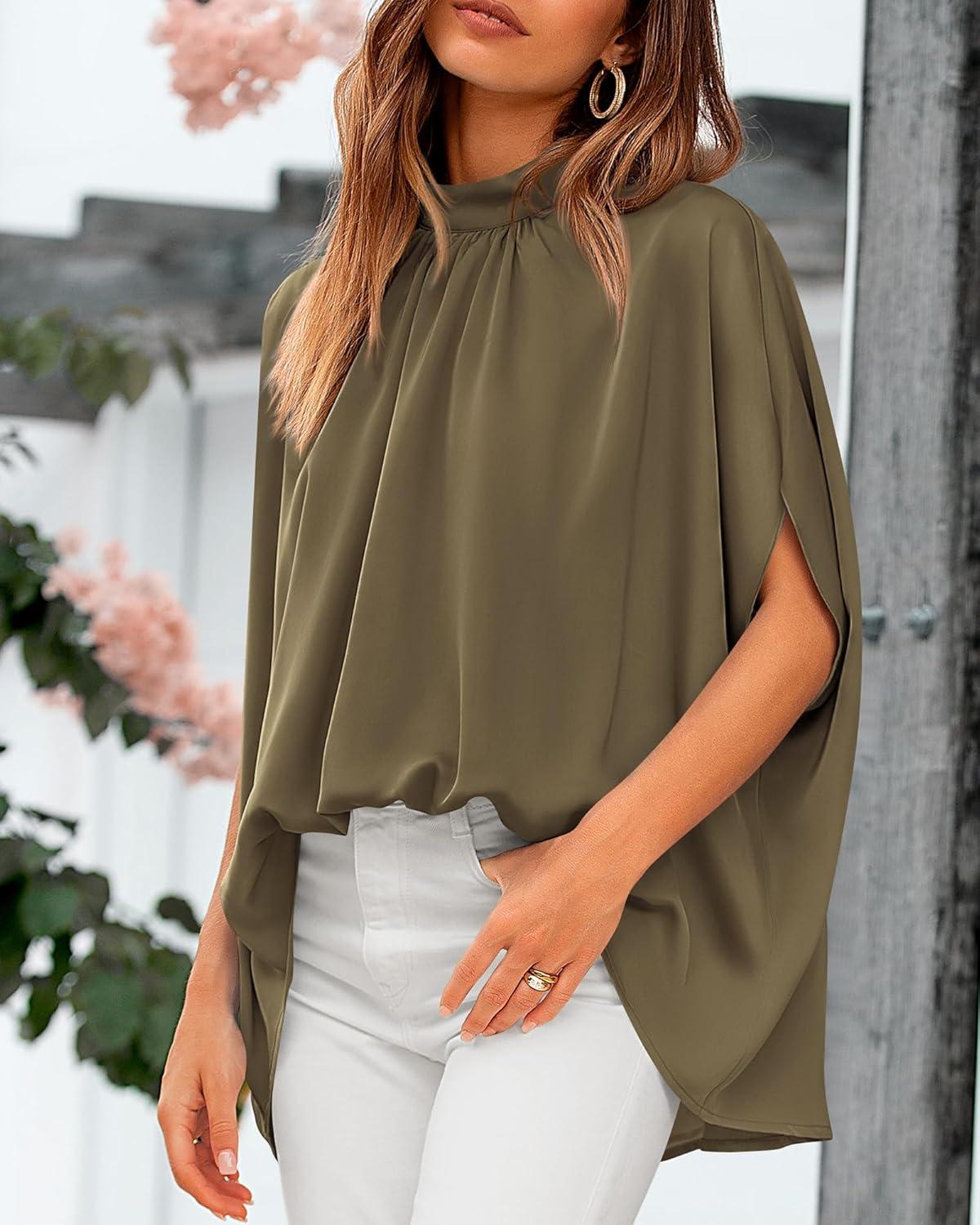 imageBTFBM Womens Summer Tops 2026 Mock Neck Batwing Sleeve Silk Satin Shirts Loose Oversized Dressy Casual Spring BlousesArmy Green