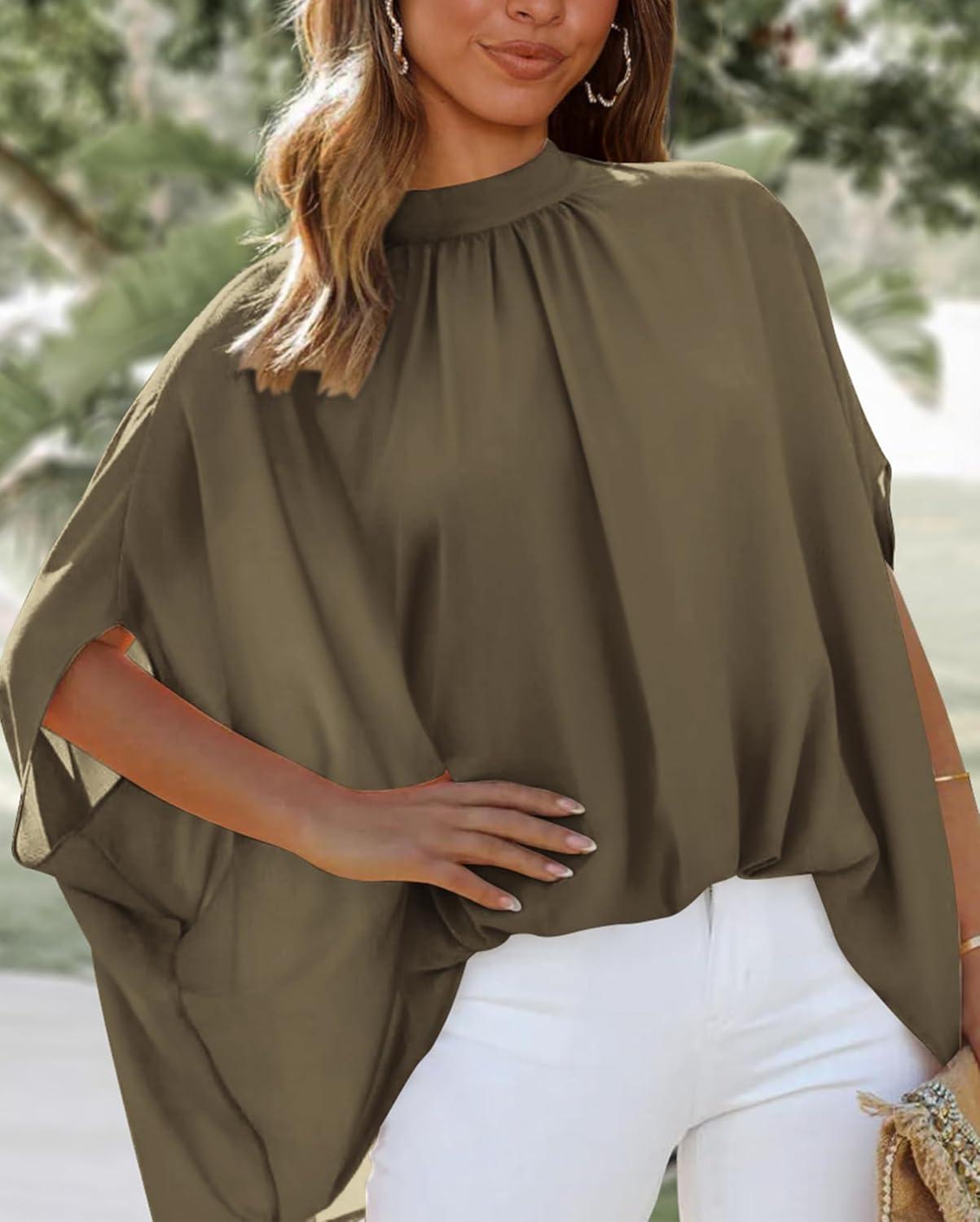 imageBTFBM Womens Summer Tops 2026 Mock Neck Batwing Sleeve Silk Satin Shirts Loose Oversized Dressy Casual Spring BlousesArmy Green