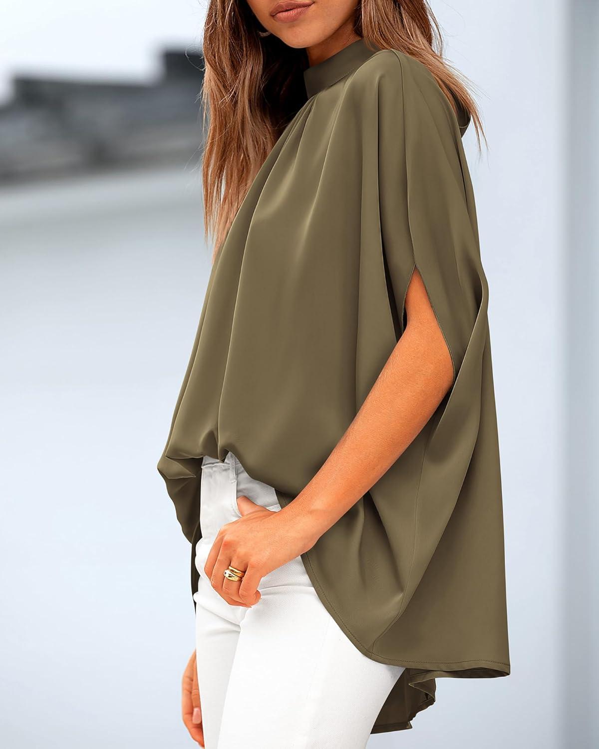 imageBTFBM Womens Summer Tops 2026 Mock Neck Batwing Sleeve Silk Satin Shirts Loose Oversized Dressy Casual Spring BlousesArmy Green
