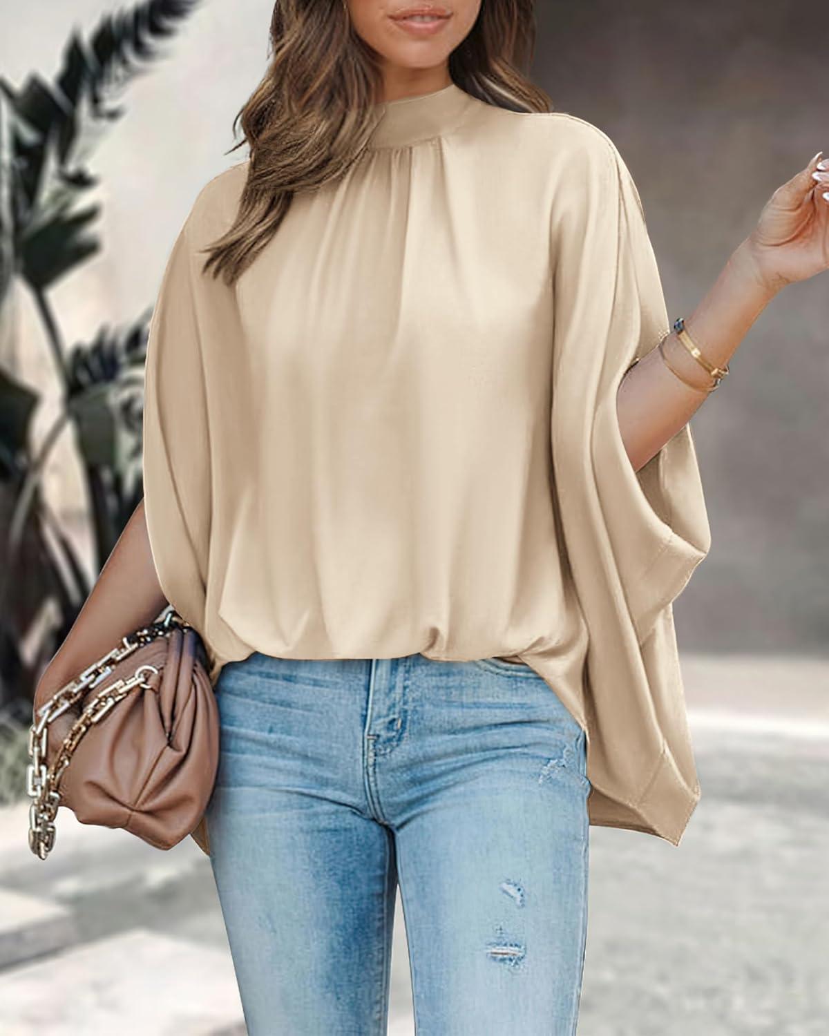 imageBTFBM Womens Summer Tops 2026 Mock Neck Batwing Sleeve Silk Satin Shirts Loose Oversized Dressy Casual Spring BlousesBeige
