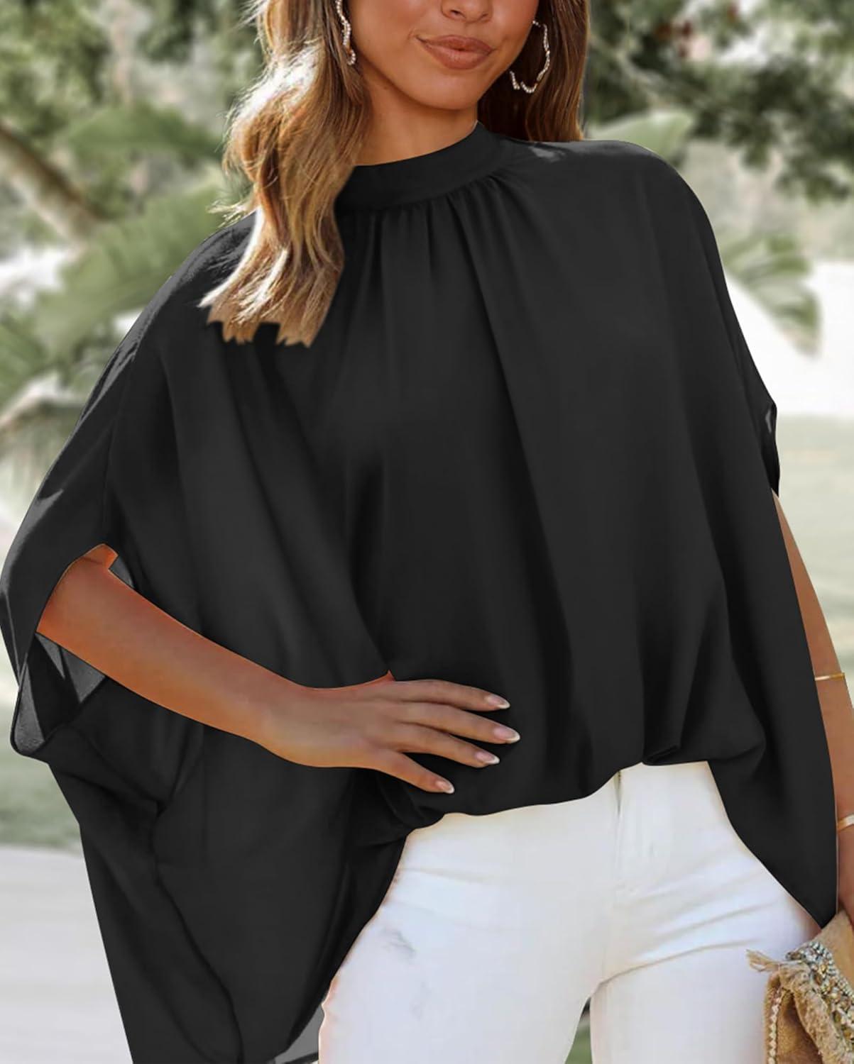 imageBTFBM Womens Summer Tops 2026 Mock Neck Batwing Sleeve Silk Satin Shirts Loose Oversized Dressy Casual Spring BlousesBlack