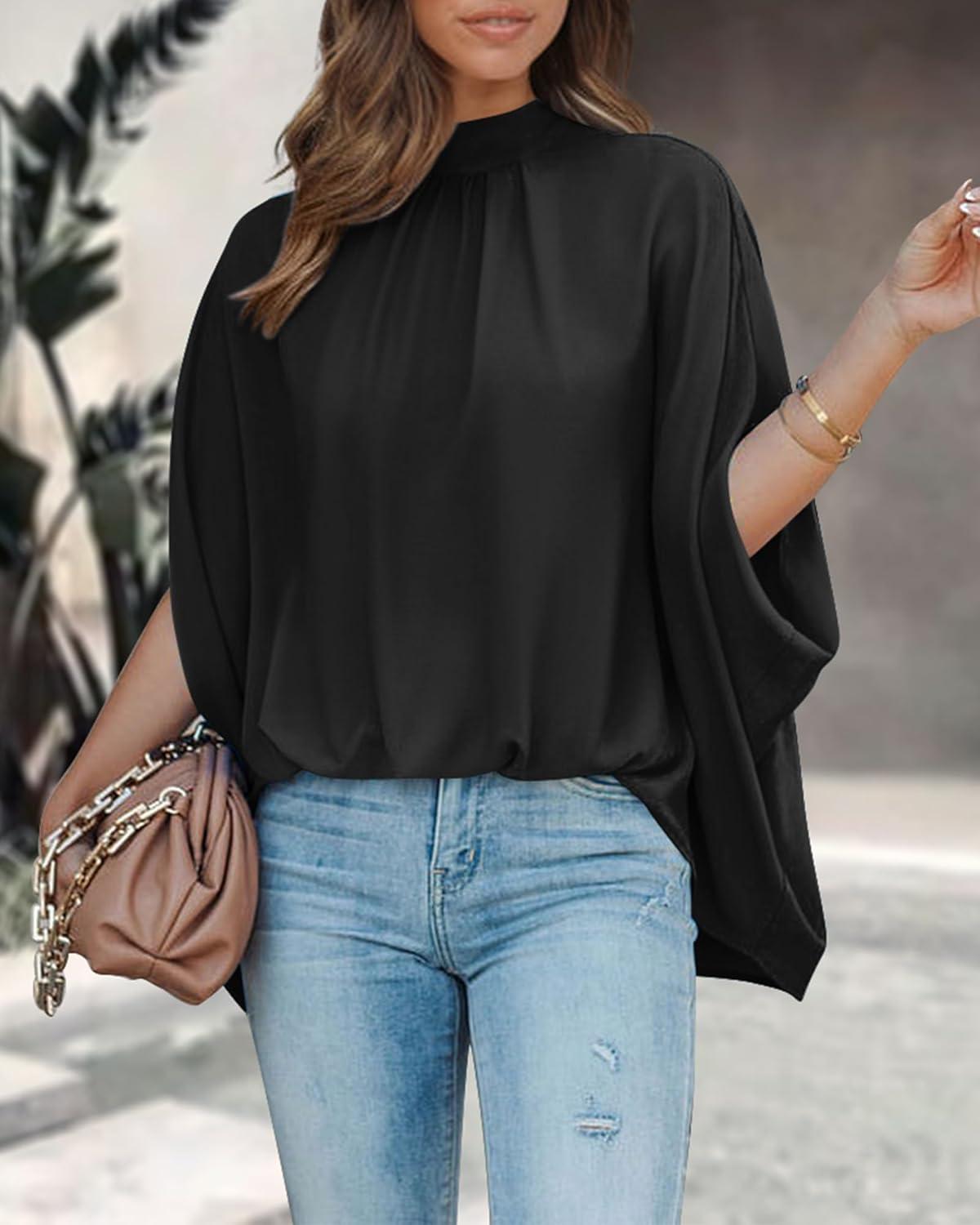 imageBTFBM Womens Summer Tops 2026 Mock Neck Batwing Sleeve Silk Satin Shirts Loose Oversized Dressy Casual Spring BlousesBlack