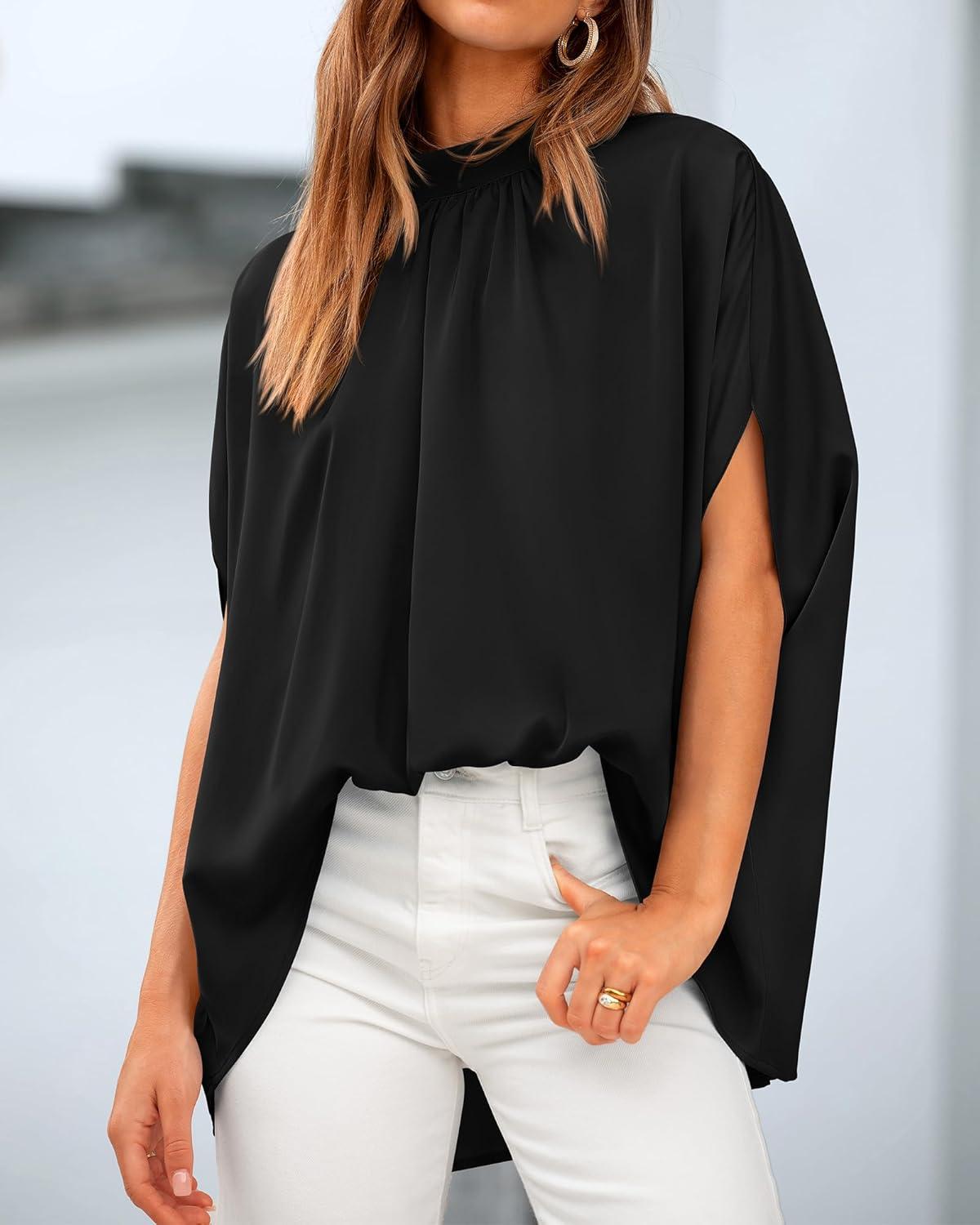 imageBTFBM Womens Summer Tops 2026 Mock Neck Batwing Sleeve Silk Satin Shirts Loose Oversized Dressy Casual Spring BlousesBlack