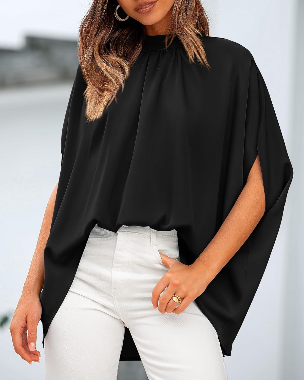 imageBTFBM Womens Summer Tops 2026 Mock Neck Batwing Sleeve Silk Satin Shirts Loose Oversized Dressy Casual Spring BlousesBlack