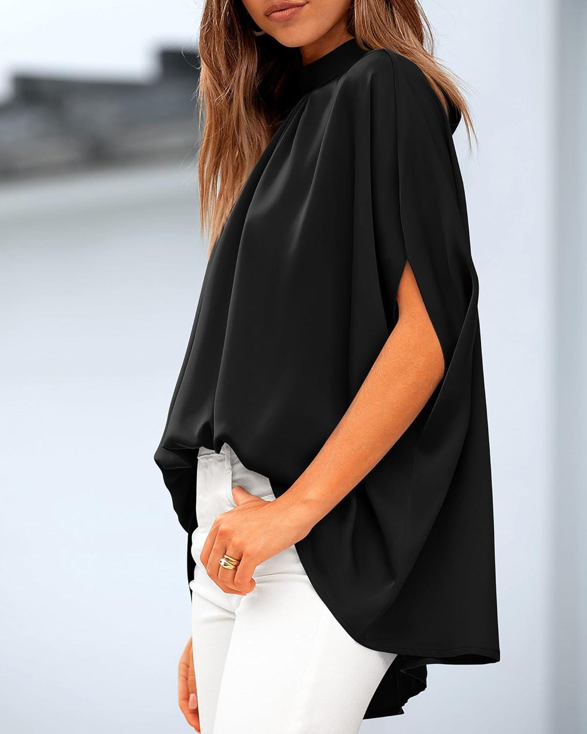 imageBTFBM Womens Summer Tops 2026 Mock Neck Batwing Sleeve Silk Satin Shirts Loose Oversized Dressy Casual Spring BlousesBlack