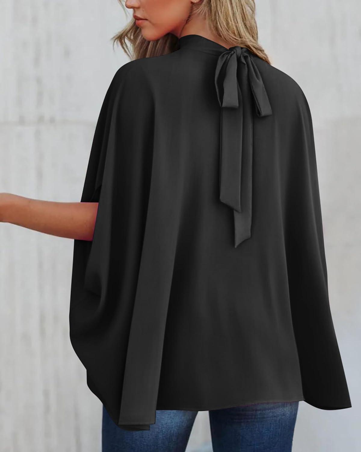 imageBTFBM Womens Summer Tops 2026 Mock Neck Batwing Sleeve Silk Satin Shirts Loose Oversized Dressy Casual Spring BlousesBlack