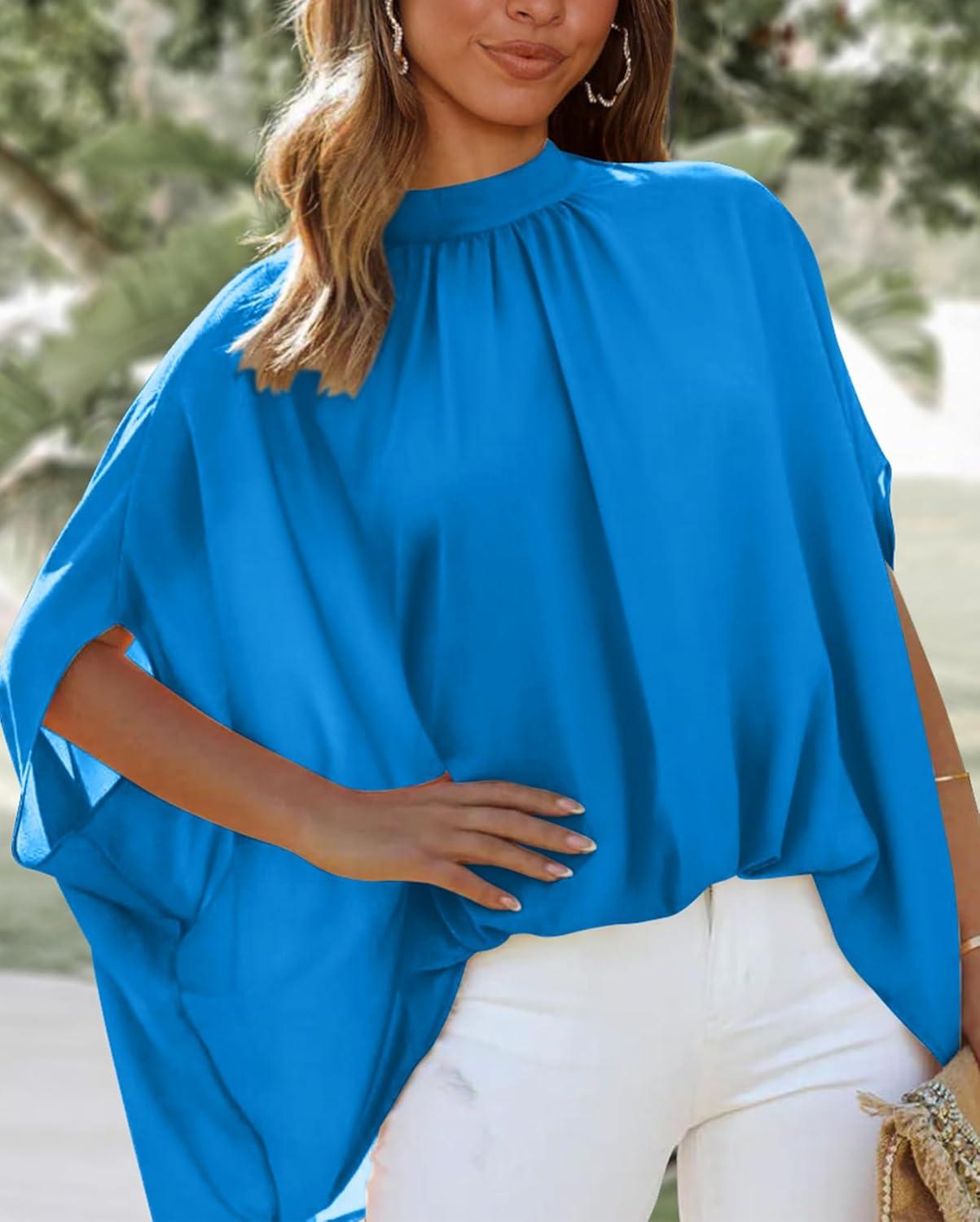 imageBTFBM Womens Summer Tops 2026 Mock Neck Batwing Sleeve Silk Satin Shirts Loose Oversized Dressy Casual Spring BlousesBlue