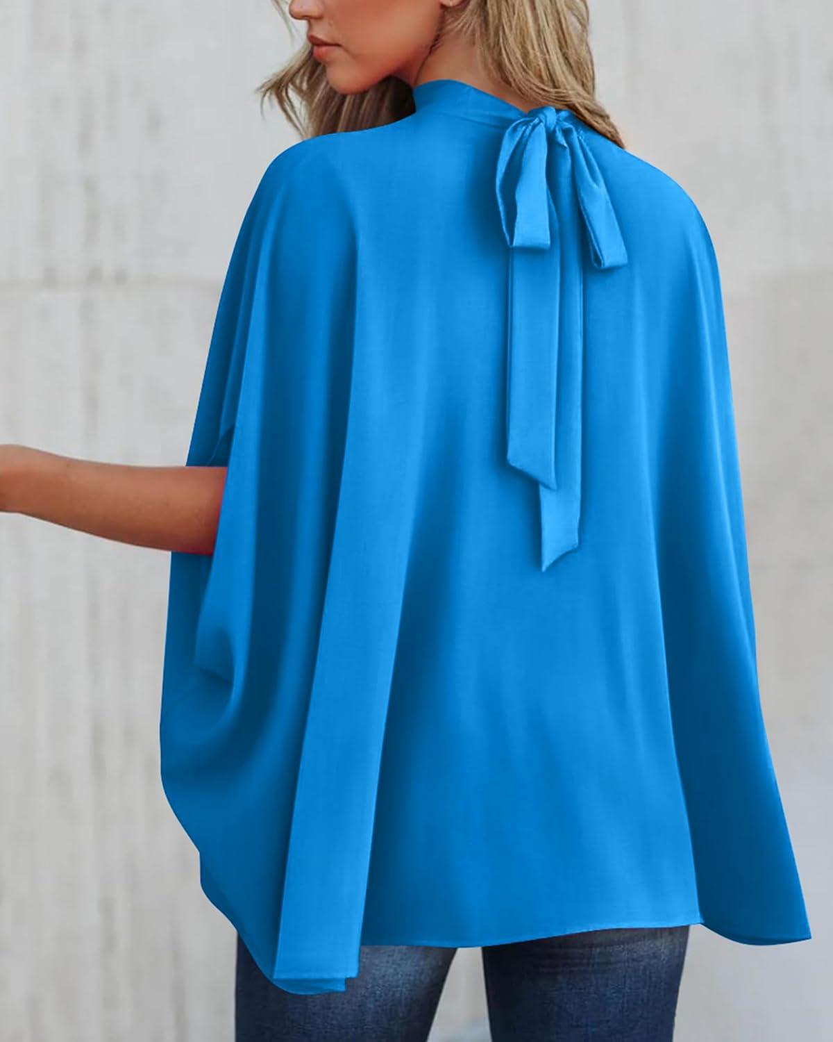 imageBTFBM Womens Summer Tops 2026 Mock Neck Batwing Sleeve Silk Satin Shirts Loose Oversized Dressy Casual Spring BlousesBlue