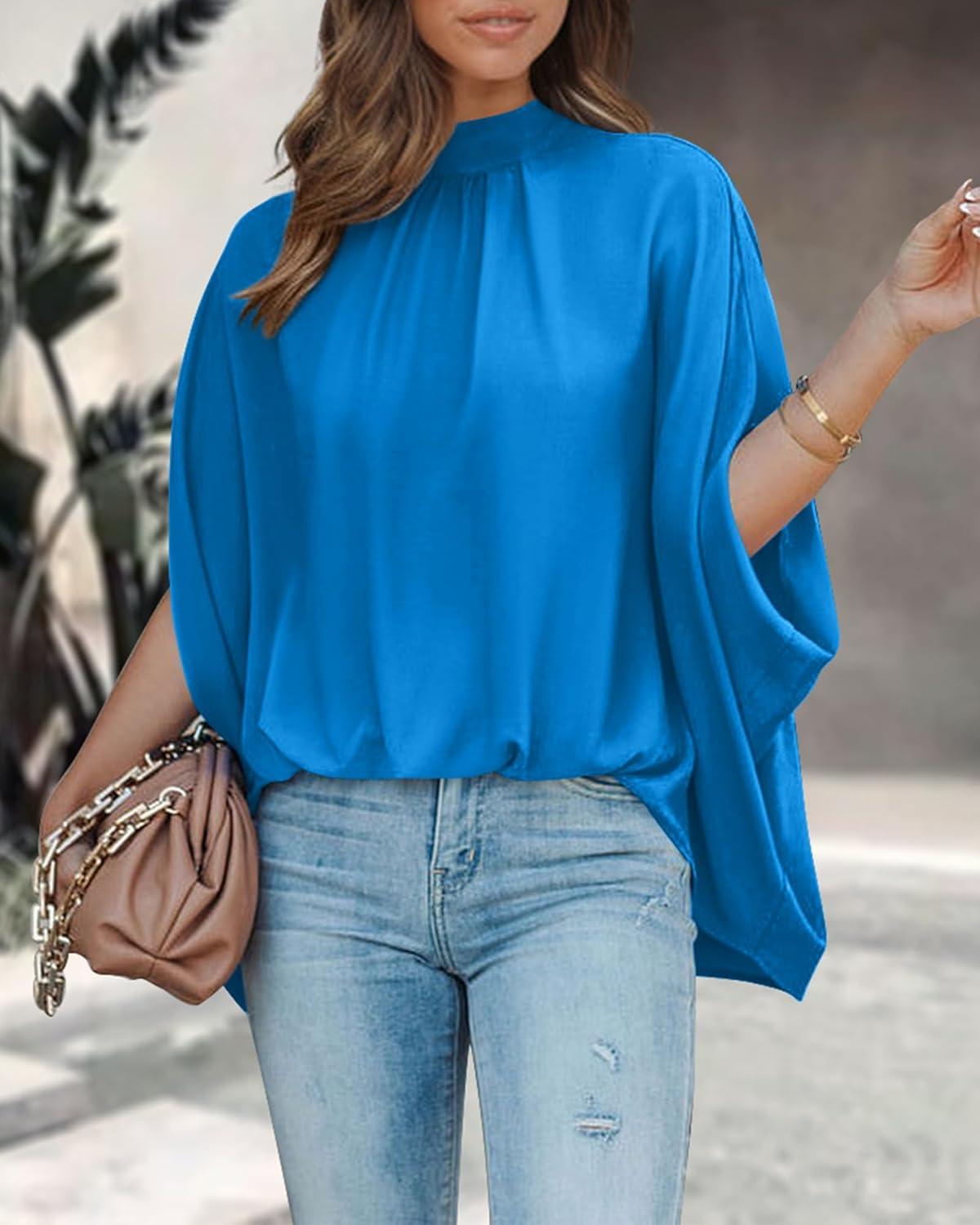 imageBTFBM Womens Summer Tops 2026 Mock Neck Batwing Sleeve Silk Satin Shirts Loose Oversized Dressy Casual Spring BlousesBlue