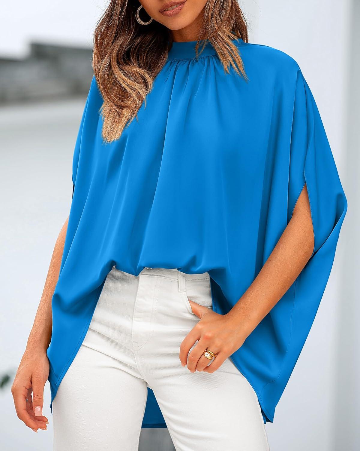 imageBTFBM Womens Summer Tops 2026 Mock Neck Batwing Sleeve Silk Satin Shirts Loose Oversized Dressy Casual Spring BlousesBlue