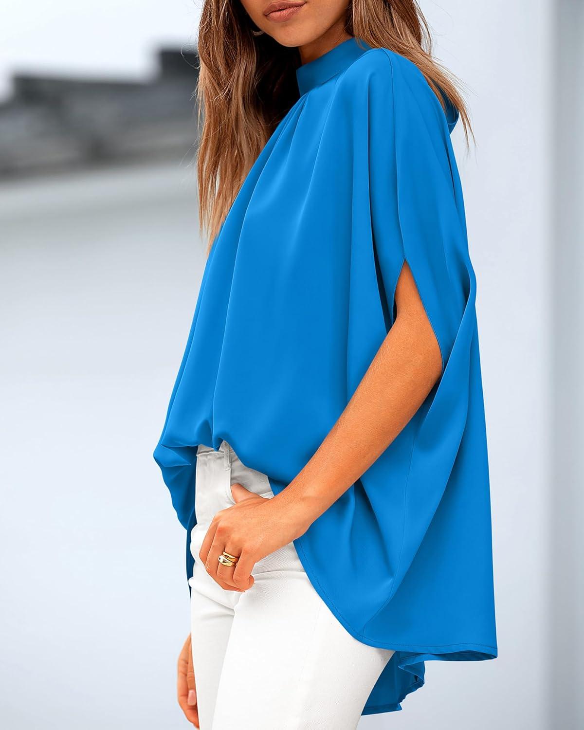 imageBTFBM Womens Summer Tops 2026 Mock Neck Batwing Sleeve Silk Satin Shirts Loose Oversized Dressy Casual Spring BlousesBlue