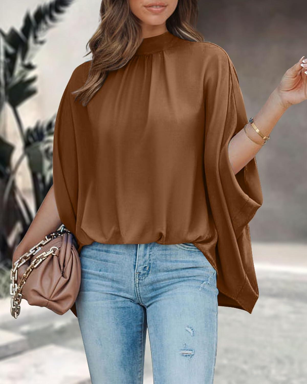 imageBTFBM Womens Summer Tops 2026 Mock Neck Batwing Sleeve Silk Satin Shirts Loose Oversized Dressy Casual Spring BlousesBrown
