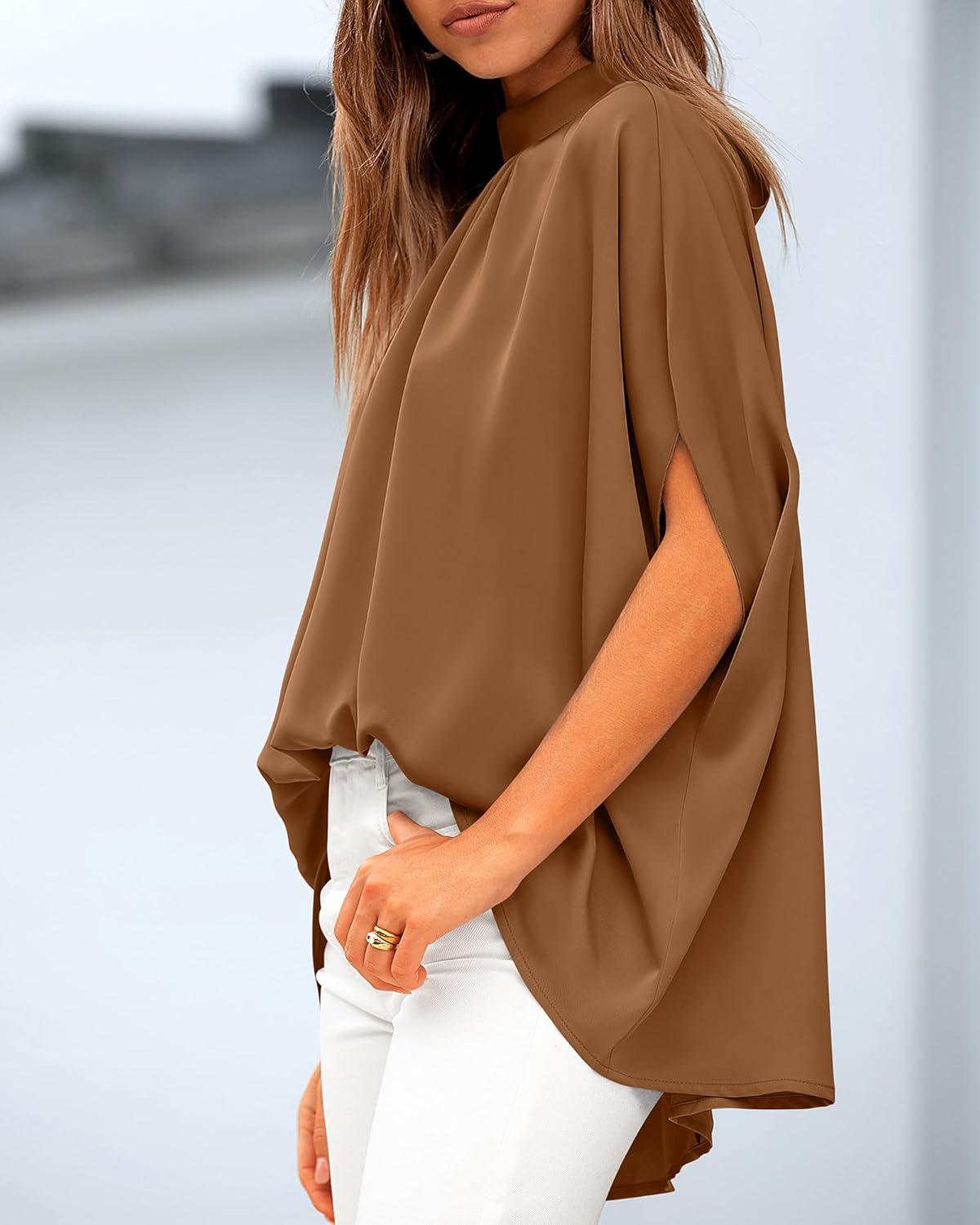 imageBTFBM Womens Summer Tops 2026 Mock Neck Batwing Sleeve Silk Satin Shirts Loose Oversized Dressy Casual Spring BlousesBrown