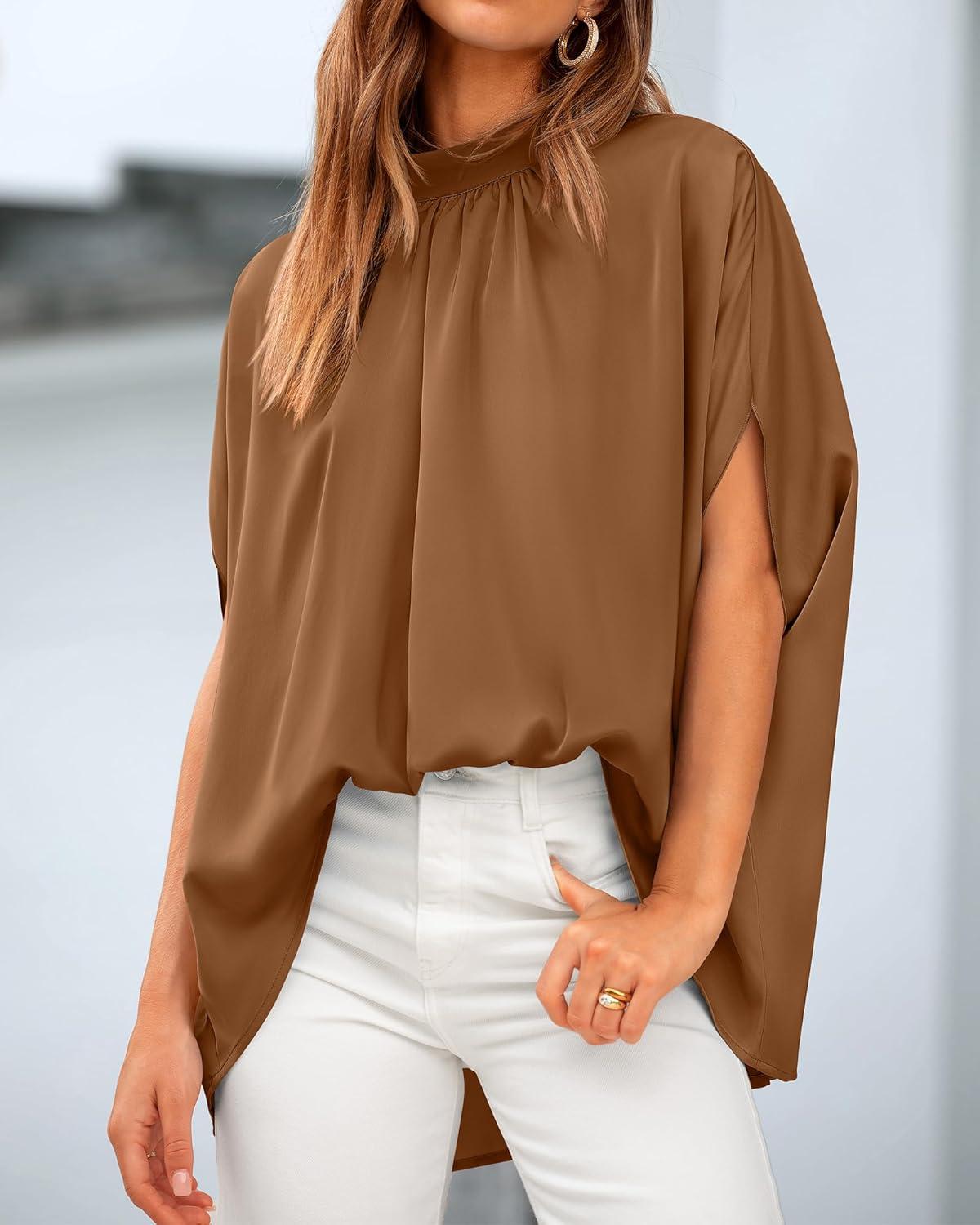 imageBTFBM Womens Summer Tops 2026 Mock Neck Batwing Sleeve Silk Satin Shirts Loose Oversized Dressy Casual Spring BlousesBrown